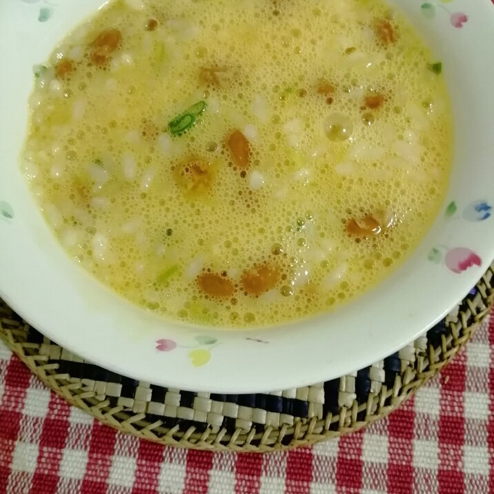 ねぎと納豆と辛子とめんつゆの卵かけご飯